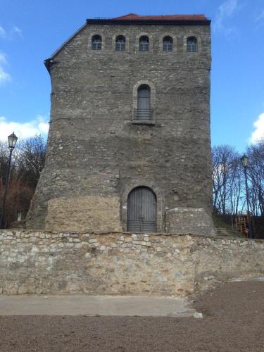 a tall brick building with a window and a door at Ratstraße im Kyffhäuser - krumm & schief in Bad Frankenhausen