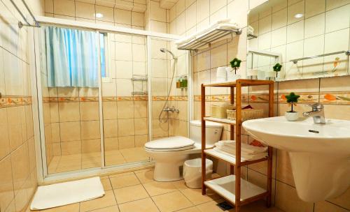 a bathroom with a toilet and a sink and a shower at Nature House Homestay in Dongshan