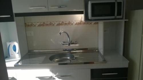 uma cozinha com um lavatório e um micro-ondas em Flomar em Piriápolis