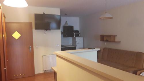 a kitchen with a couch and a counter in a room at Apartamenty Gościnne Med-Palace in Niemodlin