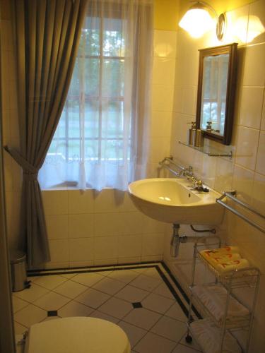 a bathroom with a toilet and a sink at Fleur Bleue & The Timber Frame in Heidelberg