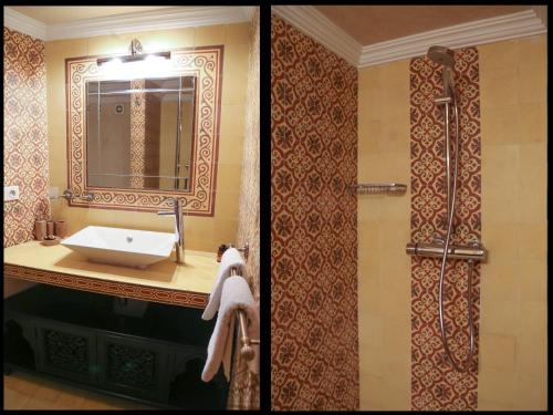 two pictures of a bathroom with a sink and a shower at Dar Souran in Tangier