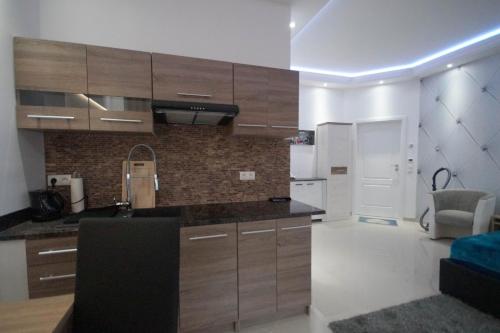 a kitchen with wooden cabinets and a counter top at Pension / Zimmervermietung Wasbek in Wasbek