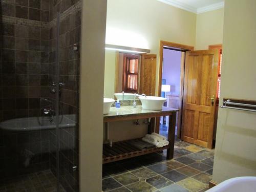 a bathroom with a shower and a sink and a tub at Meijer's Rust in De Rust