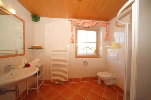 a bathroom with a sink and a toilet and a window at Landhaus Steiner in Schladming