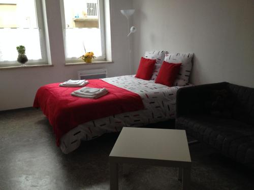 a bedroom with a bed with red pillows and a couch at L'Acacia in Forbach