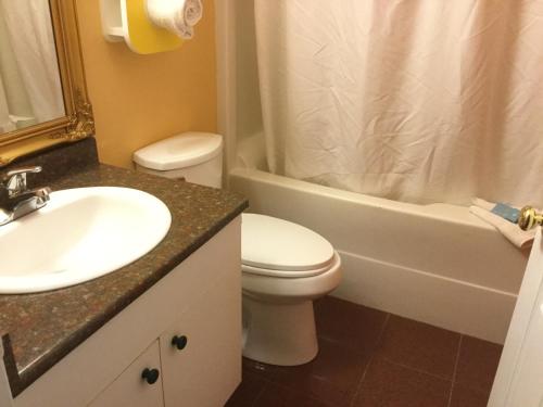 a bathroom with a sink and a toilet and a tub at Riverside Motel Cache Creek in Cache Creek