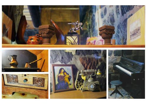 a collage of pictures of items on a shelf at Hye Aspet Հայ Ասպետ in Gyumri
