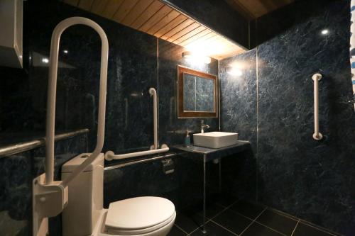 La salle de bains est pourvue de toilettes et d'un lavabo. dans l'établissement Crackin View Holiday cottage, à Hexham