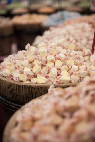 a group of wooden bowls filled with marshmallows at The Landing at Morro Bay in Morro Bay