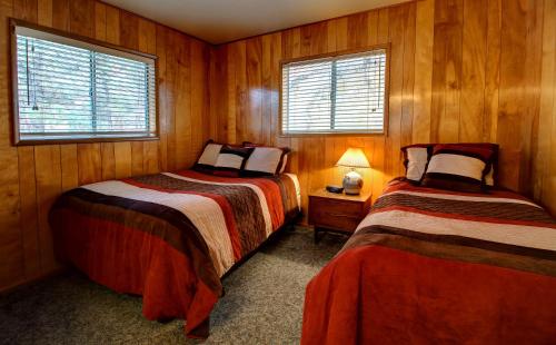 two beds in a room with wooden walls and windows at 17A Longview in Wawona