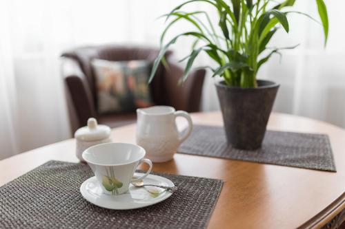 a table with a coffee cup and a plant on it at Park Apartments in Valmiera