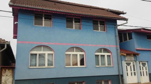 une maison bleue avec des fenêtres blanches sur une rue dans l'établissement Casa albastră, à Marghita