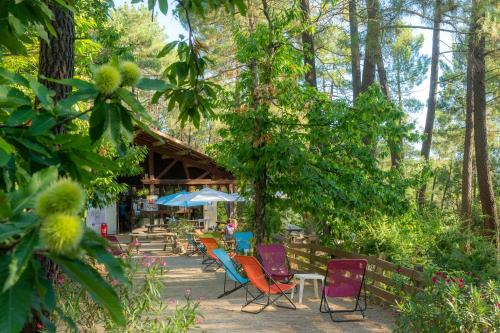 un groupe de chaises et de tables dans un jardin dans l'établissement VTF La Croix de Vinchannes, à Joyeuse