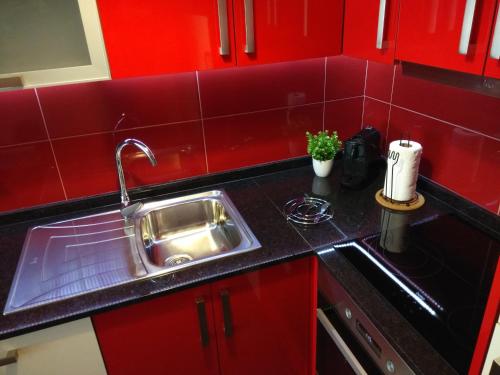 eine Küche mit einer Spüle und roten Schränken in der Unterkunft ML Apartments Almirante in Porto