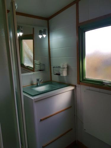 baño con lavabo, espejo y ventana en Camping Ruta del Purche, en Monachil