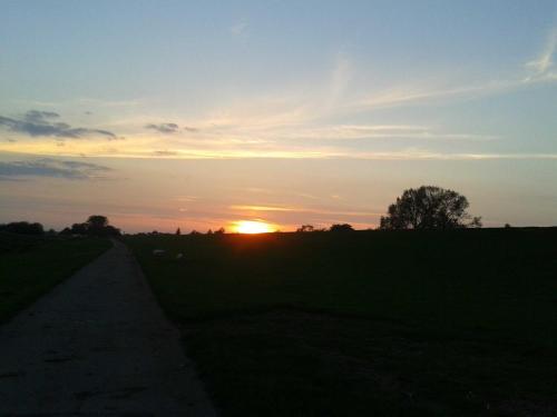 un tramonto in un campo con il tramonto di Luxus Chalet mit Terrasse, sehr ruhig in Kollmar a Kollmar