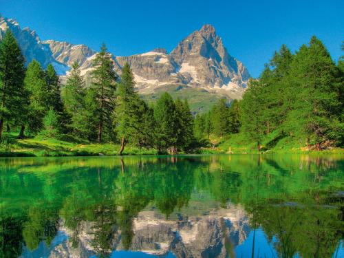 un reflejo de una montaña en un lago con árboles en Hotel Marmore, en Breuil-Cervinia