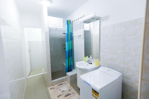 キシュバールダにあるLara Apartmanのバスルーム(洗面台、トイレ、シャワー付)