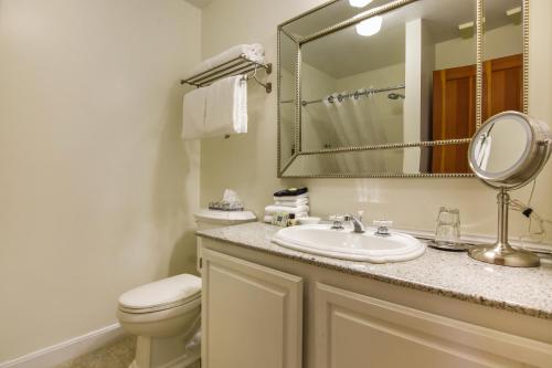 a bathroom with a sink and a toilet and a mirror at Wild Iris Inn in La Conner