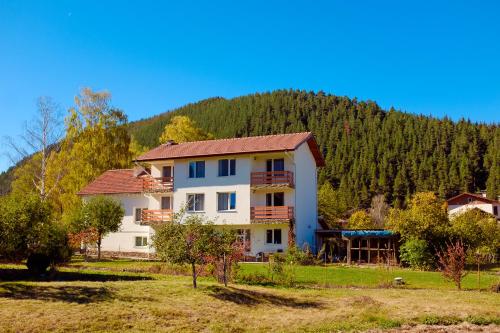 a house in a field with a mountain in the background at Atanasovata Kashta in Govedartsi