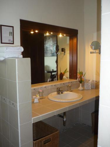 a bathroom with a sink and a large mirror at Tauch Terminal Resort Tulamben & Spa in Tulamben