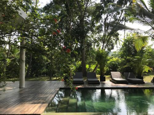 a pool in a garden with chairs and trees at KAJU GREEN eco lodges in Unawatuna