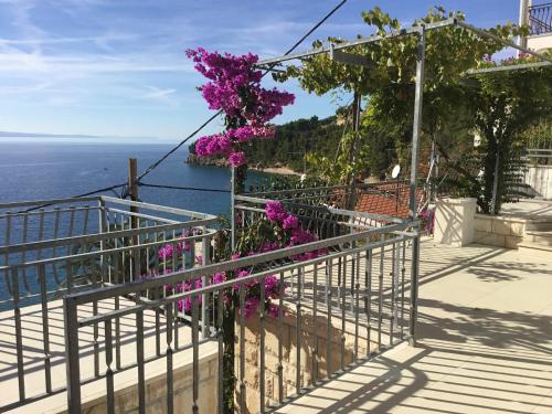 a balcony with purple flowers hanging from a railing at Villa Ivan Stanici in Omiš