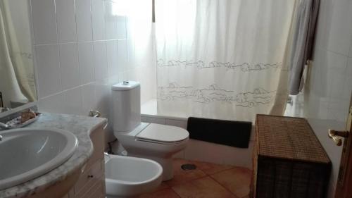 een badkamer met een toilet, een wastafel en een douche bij Apartamento en 1ª LINEA Playa de Gandia in Gandía