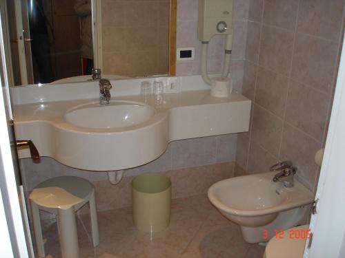 bagno con lavandino e servizi igienici di Hotel Catinaccio Rosengarten a Moena
