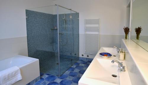 a bathroom with a shower and a sink at Liszkay Borkúria in Monoszló