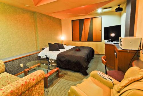 Habitación de hotel con cama y TV en Hotel Joy (Love Hotel) en Onga