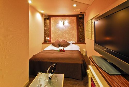 Habitación de hotel con cama y TV de pantalla plana. en Hotel Joyseaside (Love Hotel), en Munakata