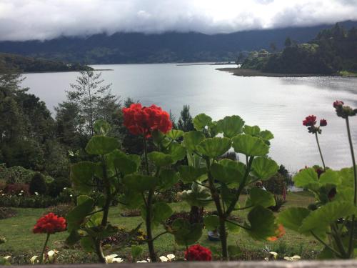 a view of a lake with red flowers in the foreground at Hermosa Cabaña en La Cocha-Finca INDIANA in El Encano