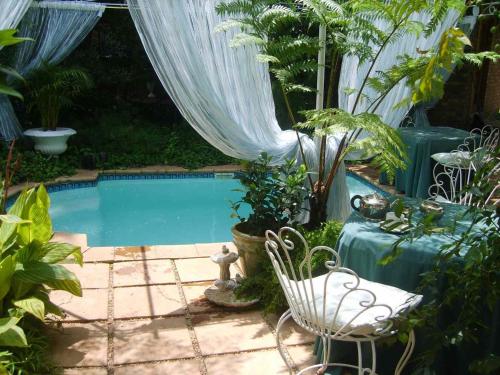 a backyard with a pool with a curtain and plants at Emerald Guest House Springs in Springs