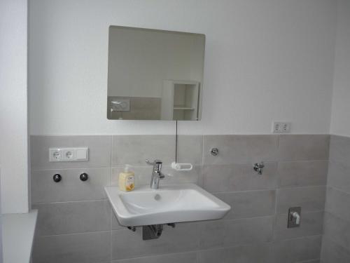 a bathroom with a sink and a mirror at Ferienhaus Carstensen - gemütlich und rollstuhlfreundlich eingerichtetes Ferienhaus mit Terrasse in Janneby