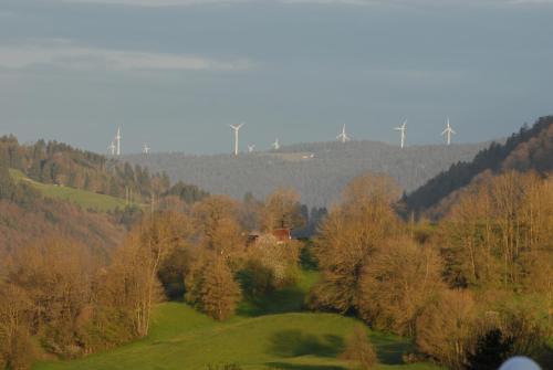 a field with trees and windmills in the background at BnB Villa Levanta in Péry