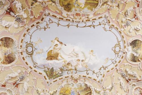 a ceiling with a painting of a woman on it at Shalai - Exclusive SPA and small gourmet hotel in Linguaglossa