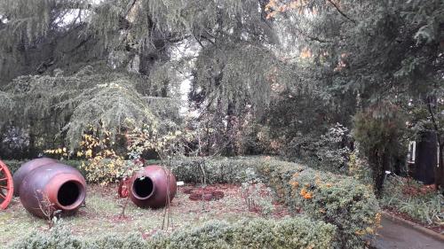 two large barrels sitting in a garden with flowers at Hotel Rural Villa Onuba in Fuenteheridos
