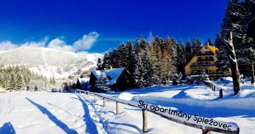 a snow covered mountain with a lodge in the background at Ski apartmány Spiežovec Donovaly in Donovaly
