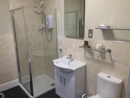 een badkamer met een douche, een wastafel en een toilet bij The Grange Guest House in Brecon