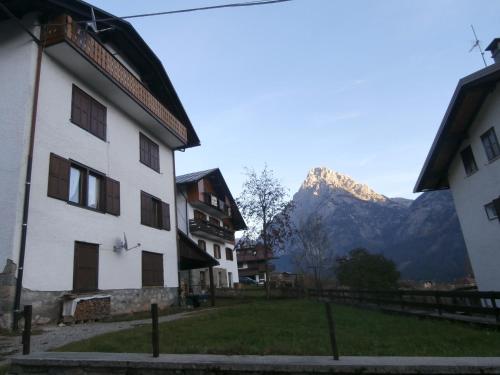 a building with a mountain in the background at Flora Quinz in Sappada