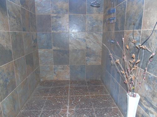 a bathroom with a tiled shower with a vase at Hostal Villas Mexico in San Juan del Sur