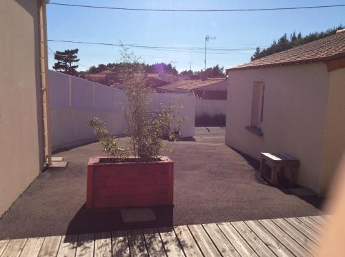 una maceta en una caja roja en un patio en La Petite Vendeenne en Brem-Sur-Mer