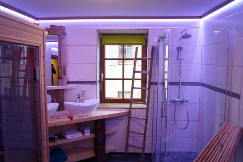 a bathroom with two sinks and a shower with a ladder at Muggel Apartments in Alpirsbach