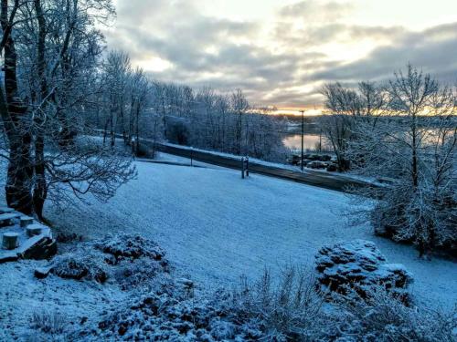 a person standing in a field covered in snow at Braeside Country Inn in Pictou