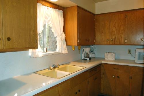 a kitchen counter with a sink and a window at 84 Hastings Hideaway in Wawona