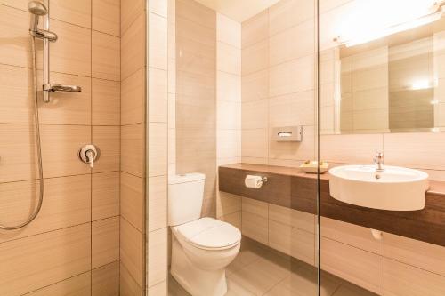 a bathroom with a toilet and a sink and a shower at Amethyst Court Motor Lodge in Porirua