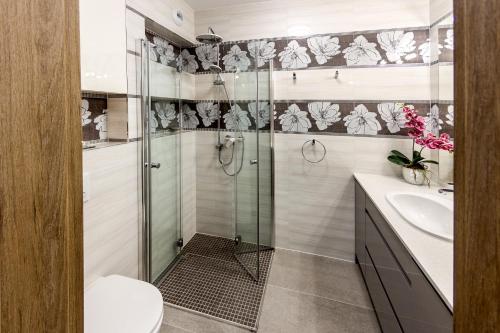 a bathroom with a shower and a toilet and a sink at Apartament CARMEN in Karpacz