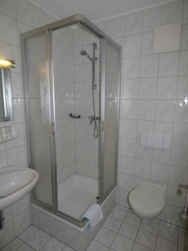 a bathroom with a shower and a toilet and a sink at Gasthof zum Fürstenthal in Frauenstein